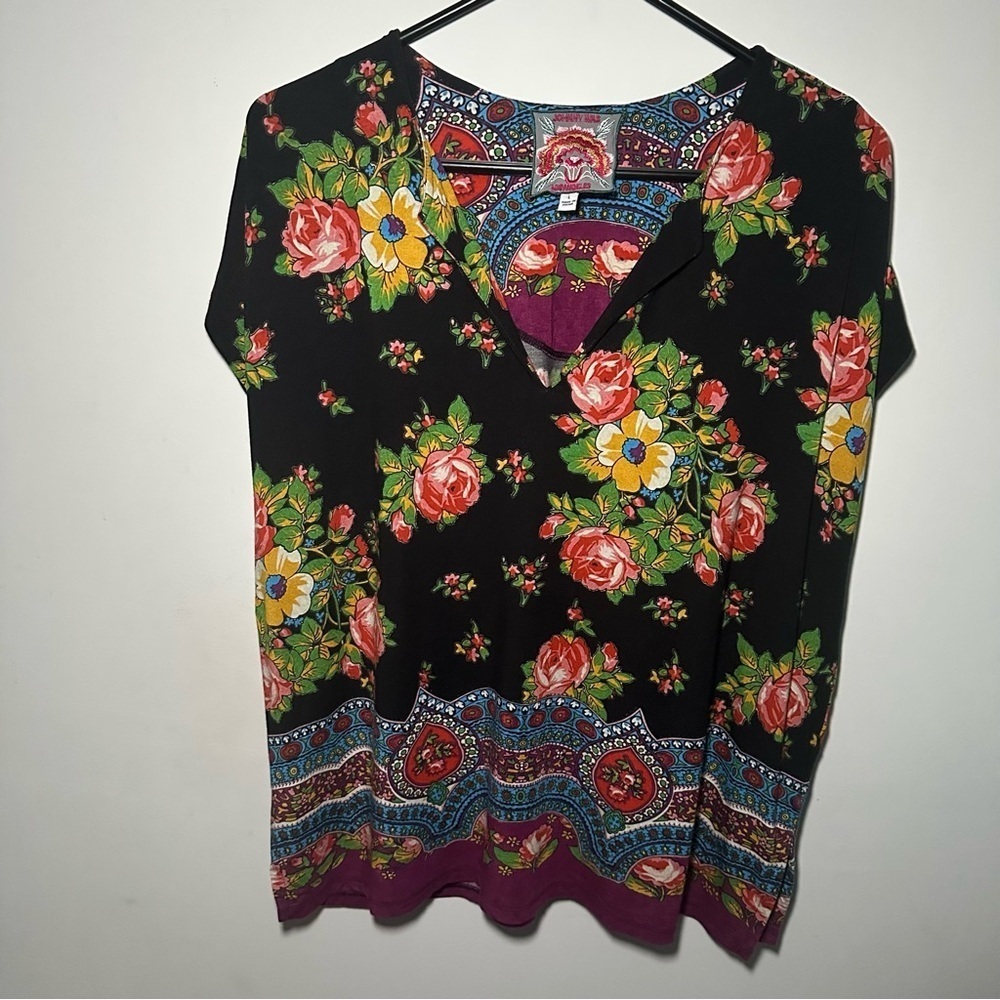 Johnny Was The Janie Favorite Dolman Artsy V-Neck Floral Tee Art To Wear Top Lg